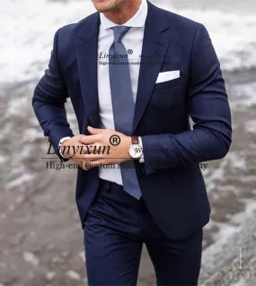 Abito da uomo blu navy con risvolto dentellato, set da 2 pezzi, giacca da lavoro, smoking da sposo, vestibilità slim Terno Mascu