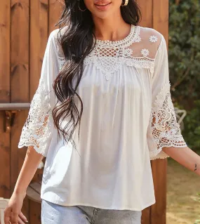 Camicetta estiva in pizzo a maniche corte Camicetta casual da donna con maniche in pizzo scava fuori Top O Collo Camicia allenta