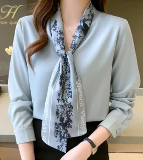 H Han Queen Elegante fiocco autunnale in chiffon Semplice camicetta da donna da ufficio Camicia da donna Top larghi Camicette ca